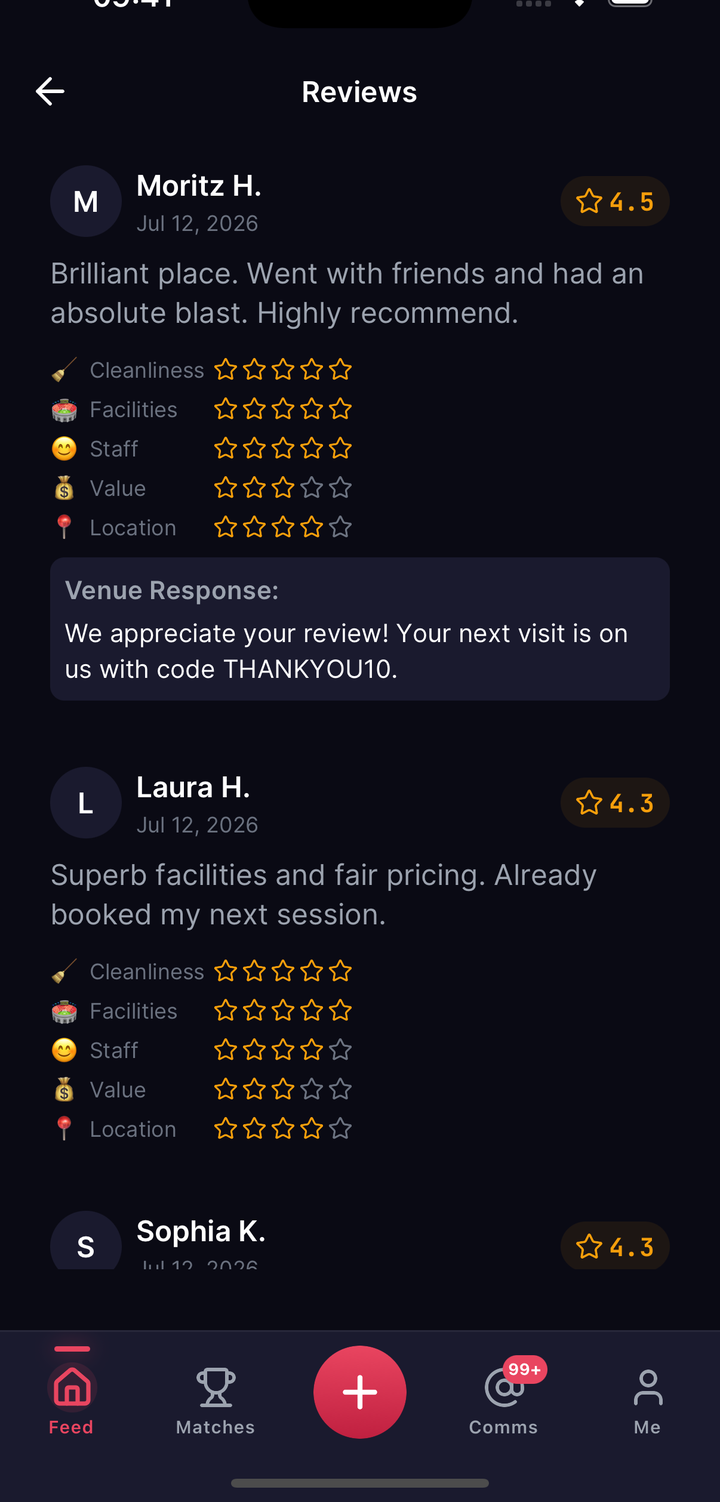 A review with an operator reply on the venue page