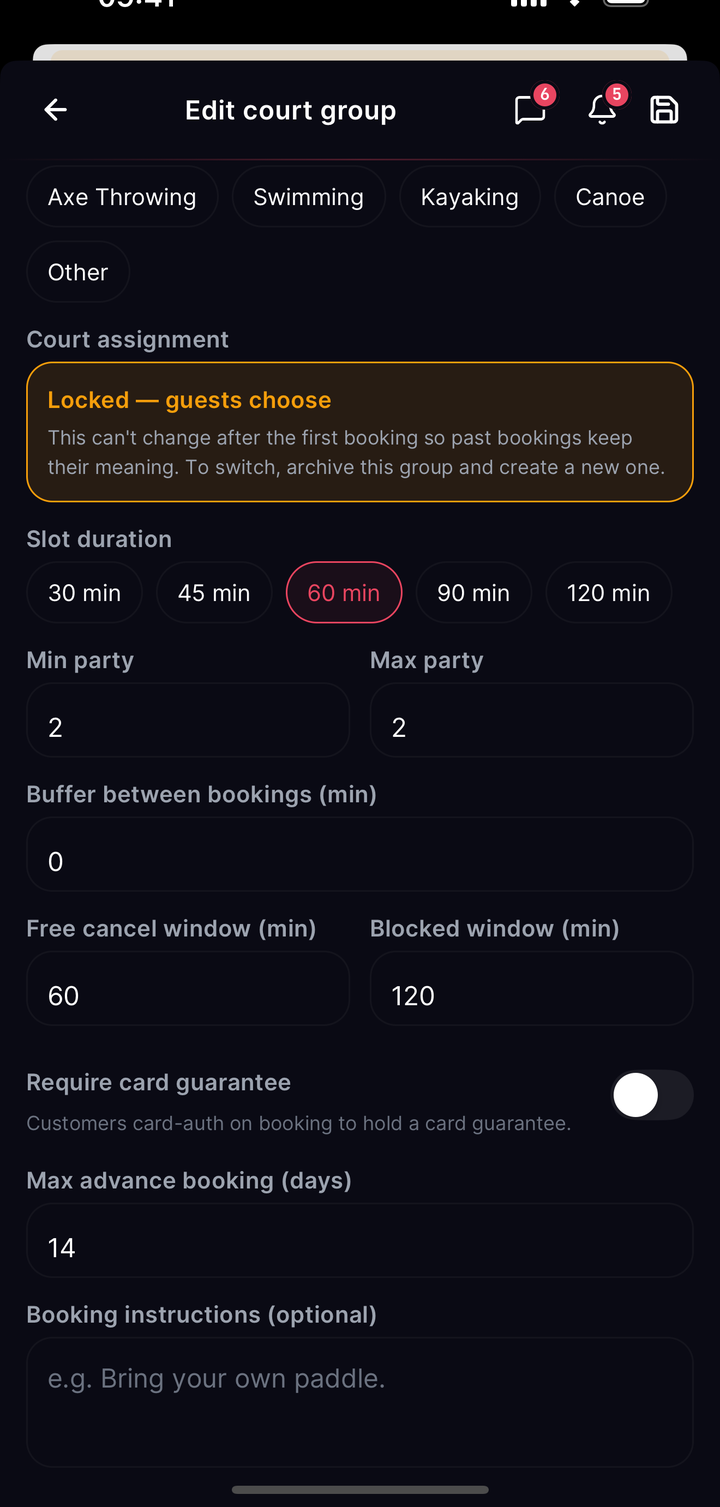 Court-type editor, cancellation windows