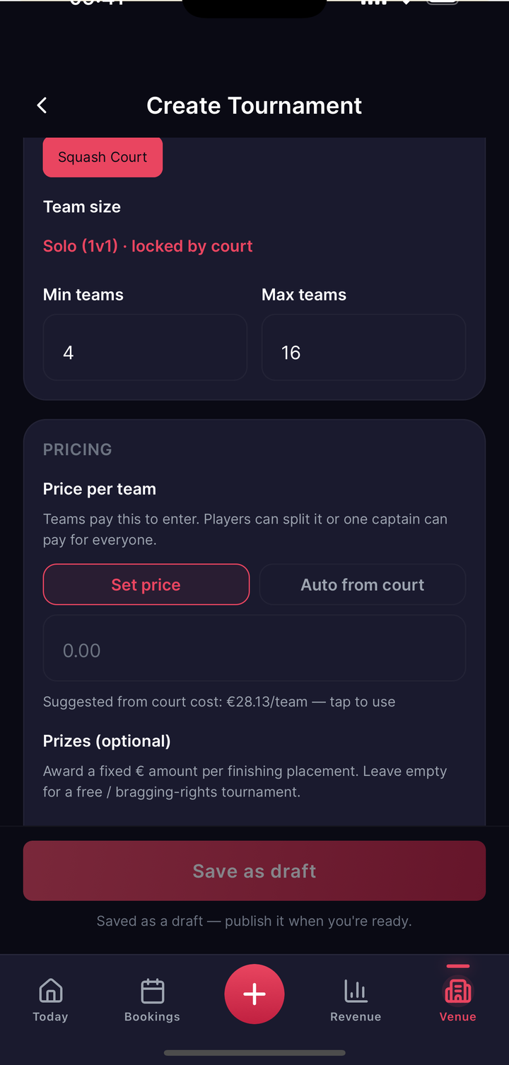 CreateTournamentScreen entry fee