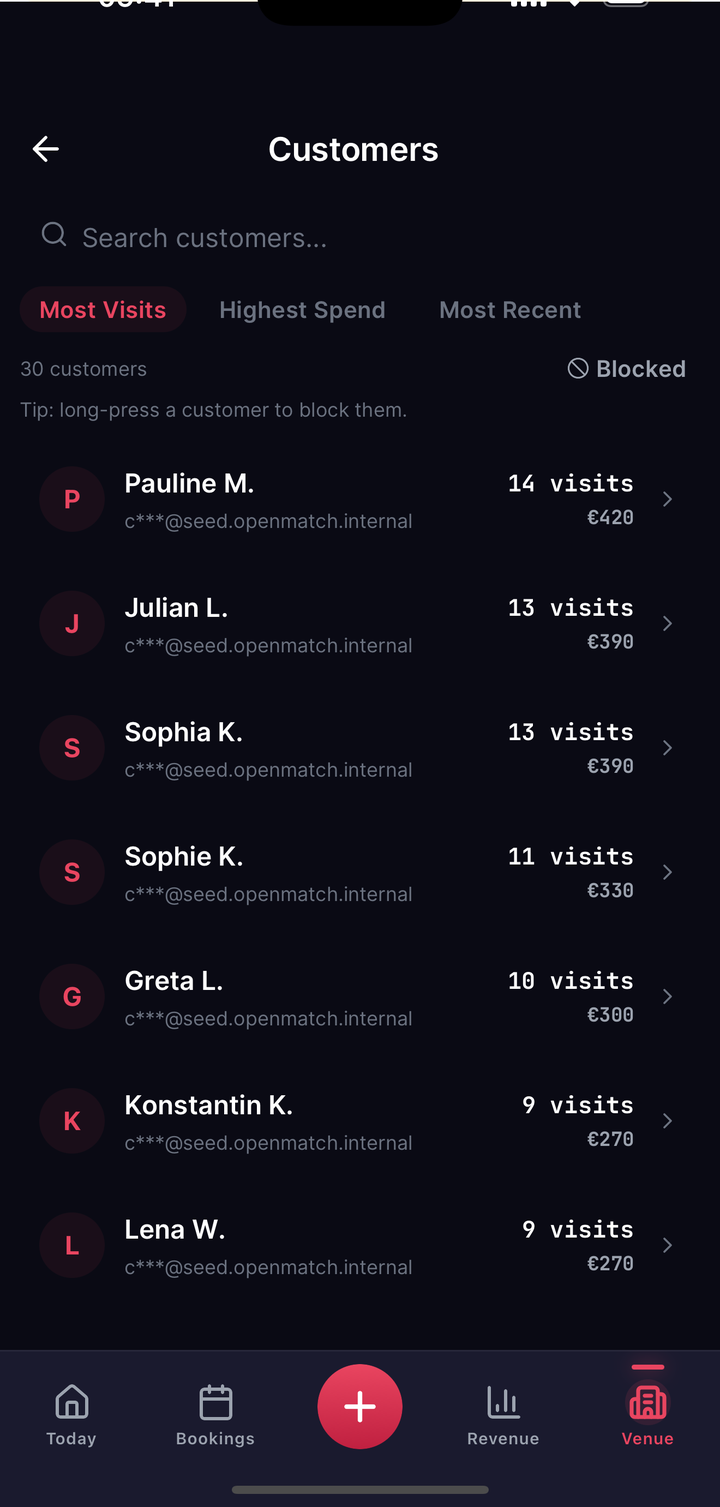 OwnerCustomersScreen customer list with search