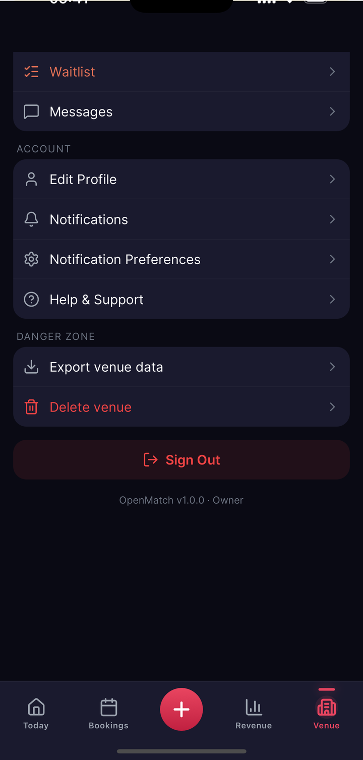 OwnerVenueScreen danger zone: data export and deletion