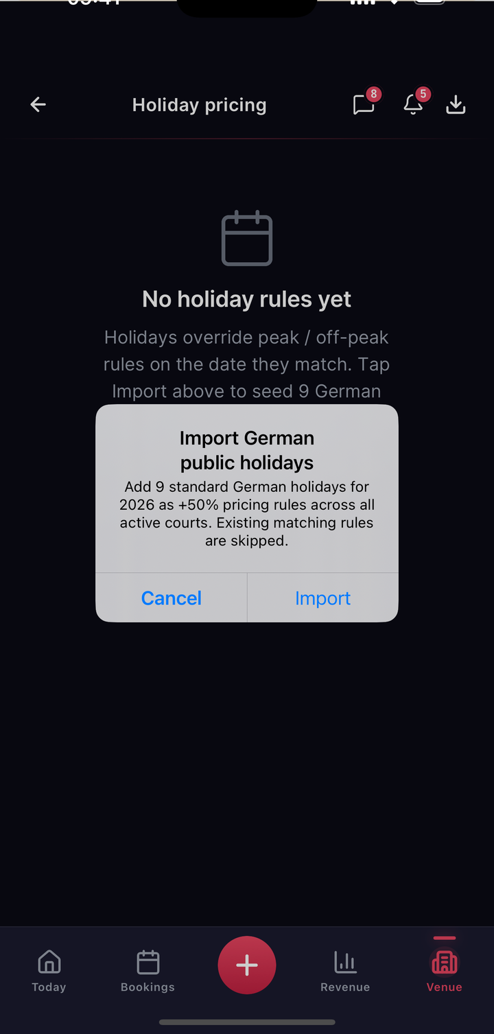 PricingRulesScreen holiday import