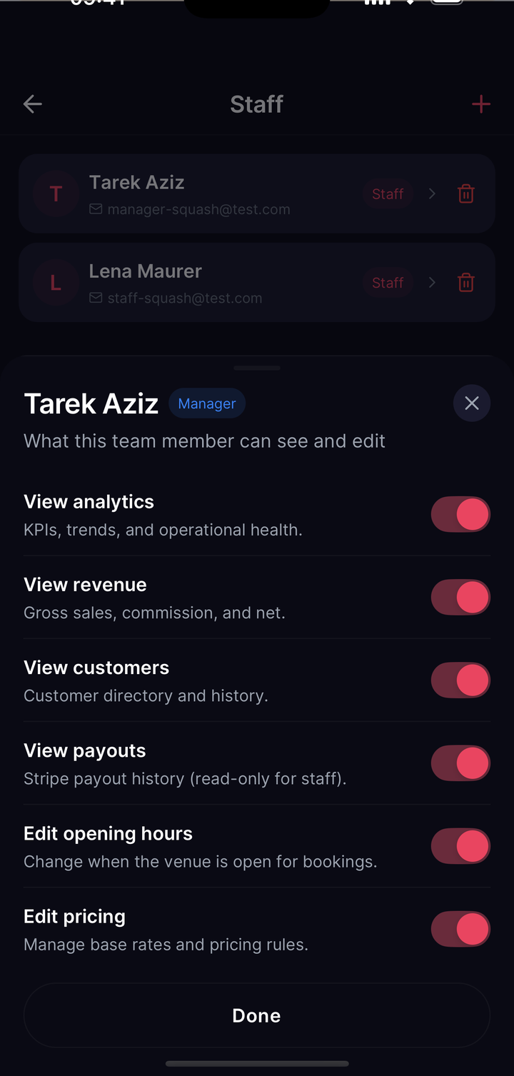 Permissions overview: switches per team member