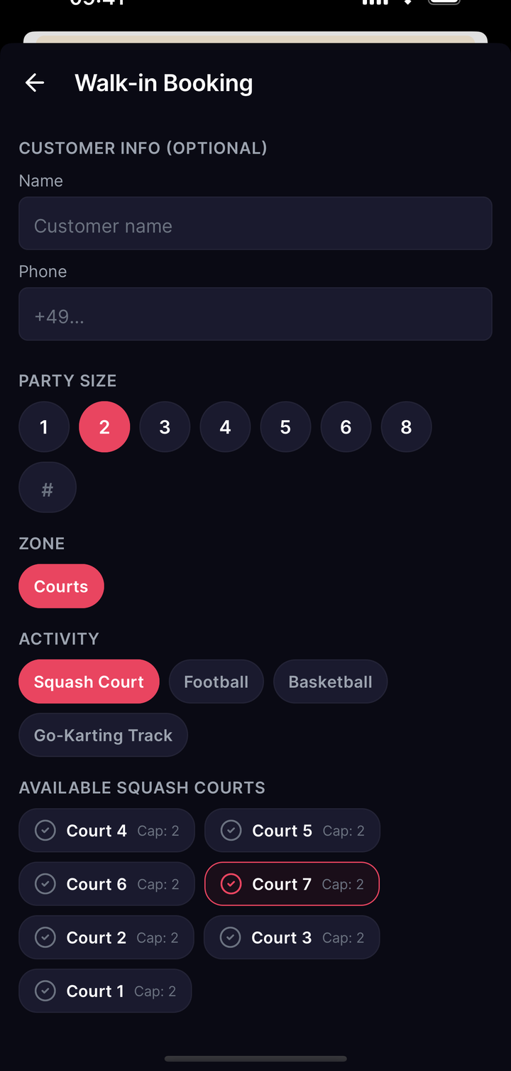 ManualBookingScreen walk-in form